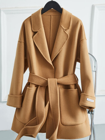 羊毛大衣2022年新款高端粉色双面小个子双面呢系带毛呢外套浅驼高支