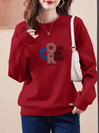 圆领无帽字母印花百搭上衣中女装妈妈装内酒红色不加绒m建议80100斤