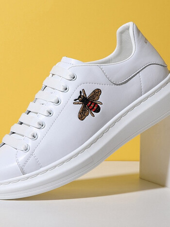 官方旗舰高端轻奢欧洲站小蜜蜂鞋子男韩版潮流小白鞋男厚底白 白色小