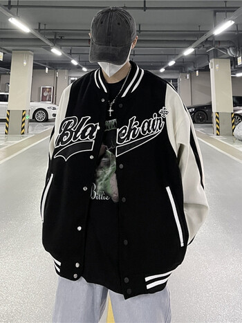 美式西海岸外套高街男拼接刺绣机车棒球服潮牌江浙沪穿搭夹克 黑色 m