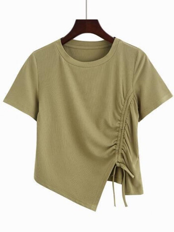 短袖t恤女小众2022年夏季新款不规则上衣设计感短款上衣抹茶色s建议80