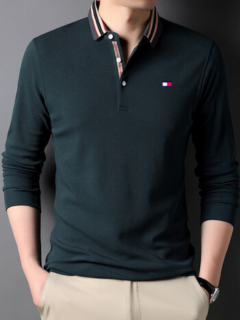 tommyjeans美国汤米polo衫长袖男士春秋季上衣翻领纯棉秋装男绿色l