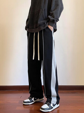 空徒裤子男春季撞色拼接男士休闲裤美式复古阔腿裤宽松直筒男装长裤