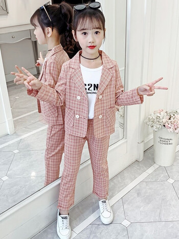 宝宝粉格子西装套装外套裤子两件套春秋装中大童412岁女孩春秋季衣服