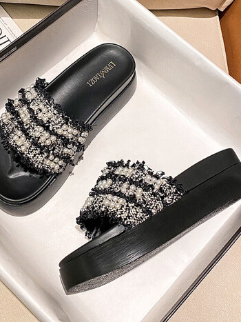 杜赫文雯女鞋珍珠一字拖鞋女春外穿潮松糕厚底网红超火小香风大码黑色