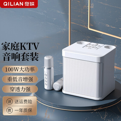 奇联 家庭ktv音响套装家用卡拉ok手机电视k歌迷你点歌机一体机无线蓝牙麦克风音箱 旗舰版-乳银白【双麦-套餐】超清音质+多种K歌音效
