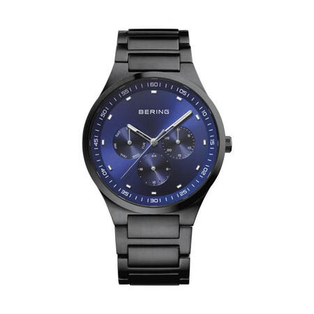 白令（BERING）男士石英手表蓝色40mm灰色不锈钢表带防...