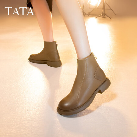 他她（TATA）法式小踝靴女靴羊皮加绒弹力瘦瘦靴早秋短靴子W...