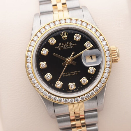 18k黄金后镶钻石 二手劳力士女表 26mm黑盘大钻外圈后镶钻