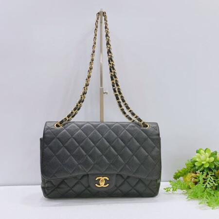 【二手95新】chanel/香奈儿黑银荔枝皮cf系列大号17字头链条包