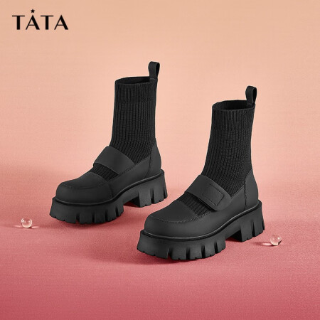 他她（TATA）商场同款圆头玛丽珍袜靴女厚底弹力靴冬季新款袜...
