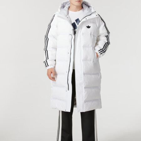 阿迪达斯ADIDAS三叶草男女冬季长款鸭绒600蓬白色连帽羽...