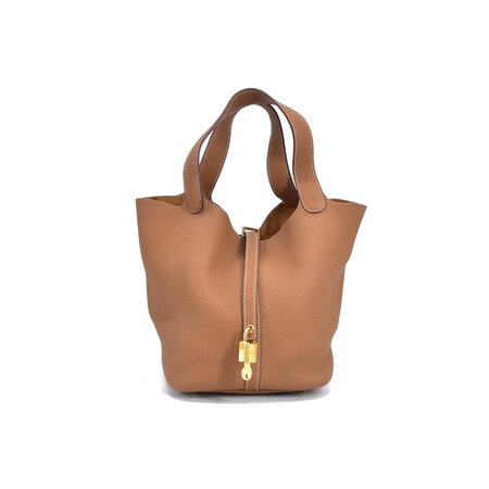 二手95新爱马仕hermestc皮金棕色金扣picotinlock22菜篮子手提包y刻