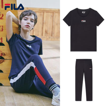 fila 斐樂官方 女子套裝 2019夏季新款logo短袖t恤運動休閒長褲女