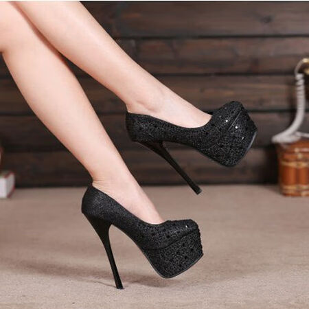 奕菓黑色哑光圆头高跟鞋女恨天高16cm超高跟性感夜店女单鞋欧.