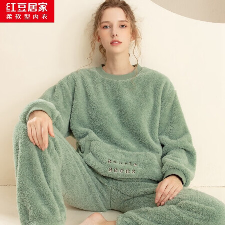 红豆居家睡衣女秋冬季法兰绒加绒加大加厚韩版法兰绒家居服套装可...