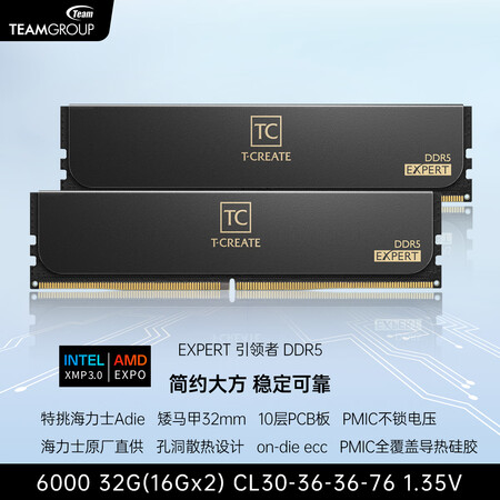 十铨科技EXPERT引领者 DDR5内存条台式机矮马甲条72...