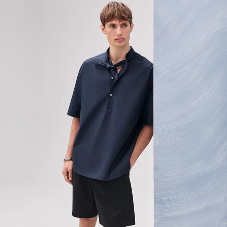 爱马仕Hermes2025新款男装Marius领细薄棉布直筒...
