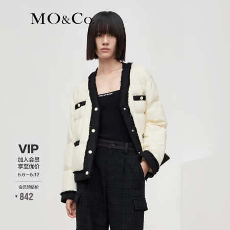 MO&Co.小香风羽绒服冬季粗花呢镶边轻暖宽松廓形设计感黑色...
