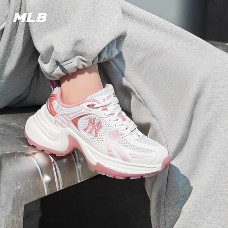 MLB休闲鞋女鞋子2025春夏新款时尚老爹鞋网面拼接厚底增高...