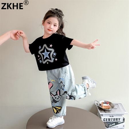 ZKHE儿童夏季新款洋气2025女童韩版休闲短袖宽松牛仔裤套...