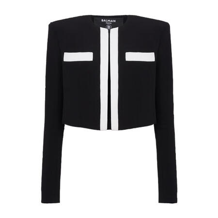 巴尔曼（BALMAIN）女士黑色长袖休闲夹克金属纽扣对比色胸...