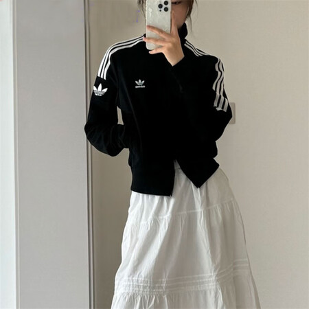 阿迪达斯 （adidas）三叶草女立领夹克春季复古三条纹针织...
