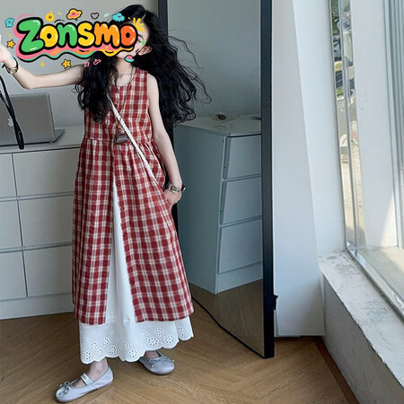 Zonsmo女童夏季连衣裙2025新款女大童韩系叠穿格子裙儿...