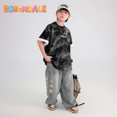 BSOUNDALE国际品牌男童夏季痞帅扎染重工短袖T恤202...