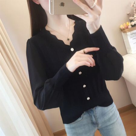 冰丝针织衫女长袖春秋新款v领荷叶边雪纺袖上衣薄款洋气打底小衫...