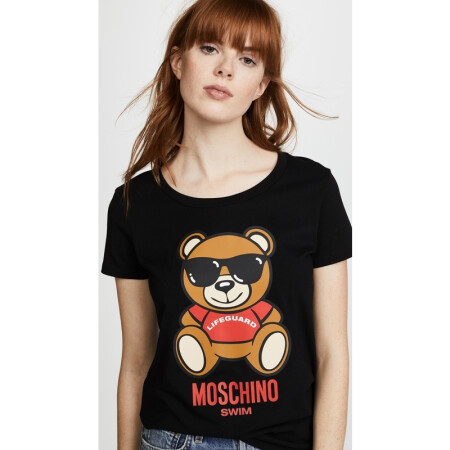 莫斯奇諾(moschino)奢侈品女裝 3443063105 戴眼鏡的熊圖案 t恤 黑色