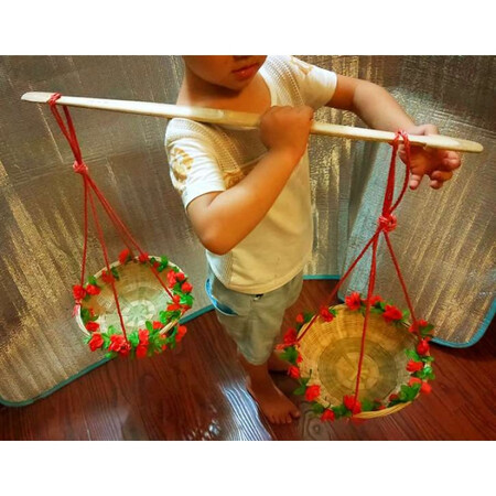 竹筐舞蹈竹小孩箩筐户外室内游戏道具玩具竹竹篓小扁担挑竹筐【未3】