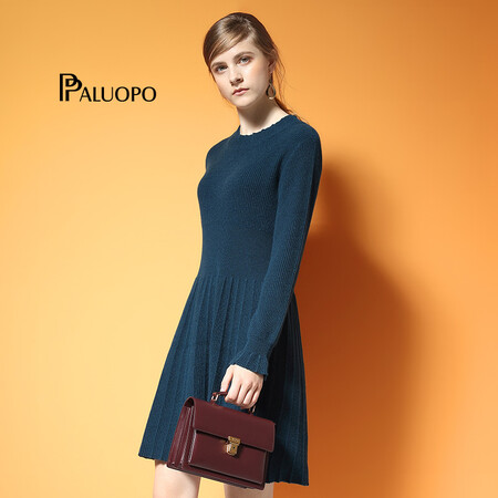 12预售】帕罗女装2018冬季新款羊绒圆领山羊绒收腰显瘦连衣裙 深孔雀