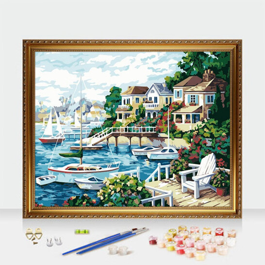 diy数字油画别墅风景古典烟火季节手绘涂色减压填色装饰壁画绘画工具 5061阳光海岸 40x50彩版薄内框支架+成品外框