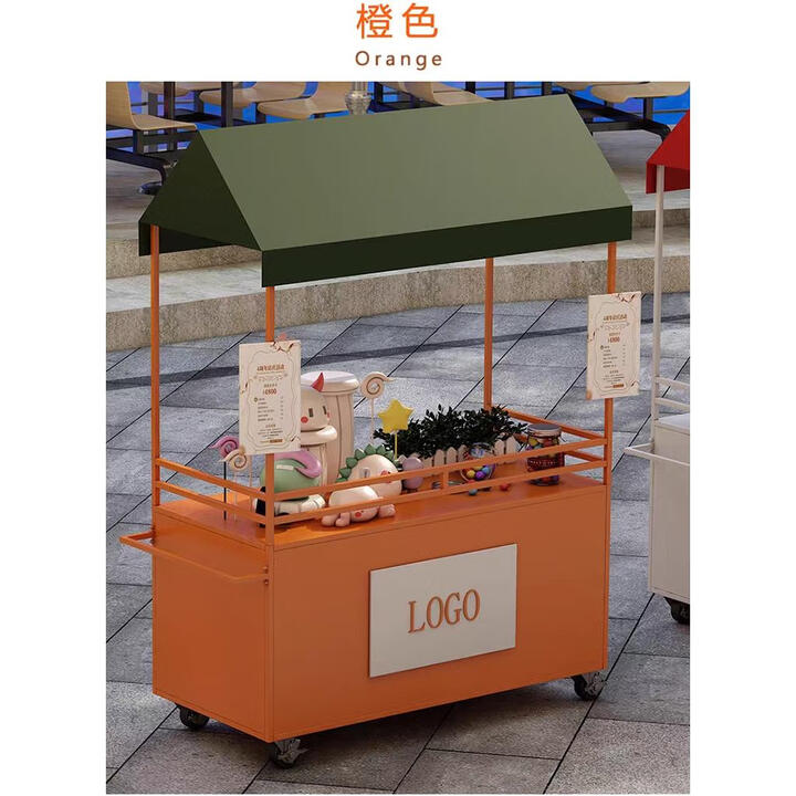 Manon Messiant铁艺摆摊小推车移动地摊小吃车展示架夜市花车户外集市摊位促销车 含扶手橙色120*60*200不含柜门