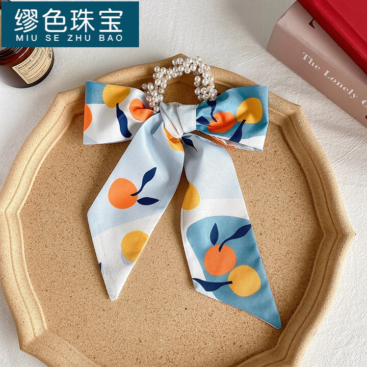 缪色（MiU Se）珍珠丝巾发带女发圈飘带网红2025年新款夏季薄款绑发丝带头饰发绳 23#珍珠蓝底橙子【图片 价格 品牌 报价】-京东