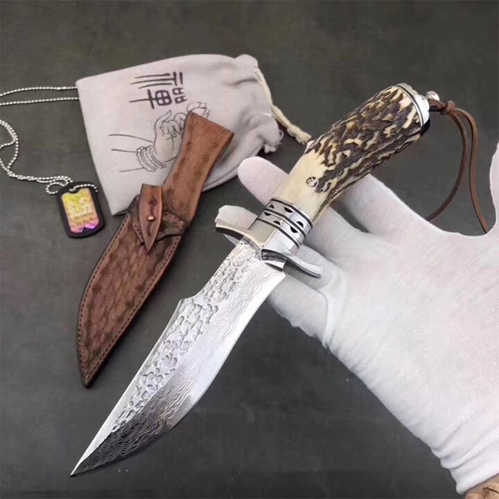 雨轩户外大马士革钢刀小刀直小刀双护手钢头白钢刻花天然鹿角手柄