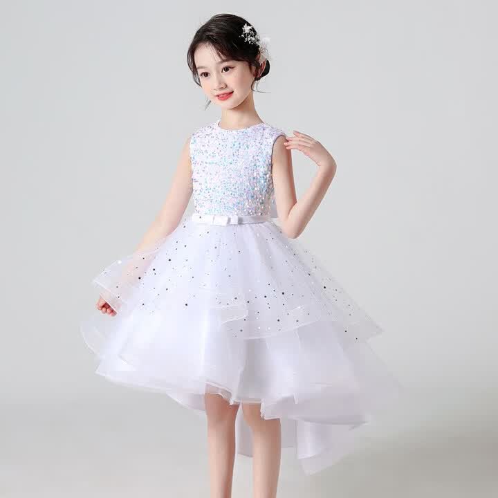 晴其儿童裙子夏季前短后长女童燕尾裙夏节日公主裙走秀表演演出前短后
