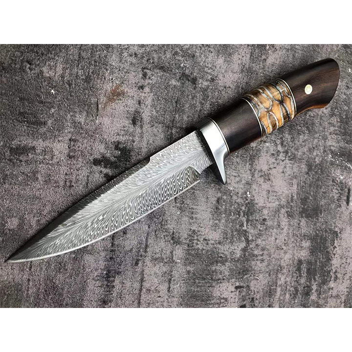 雨轩户外别扭纹大马士革小刀猛犸齿牙化石沙漠铁木手柄瑞典钢锻打羽毛 瑞典