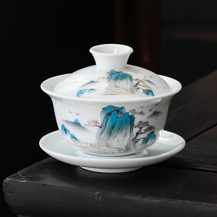瓷牌茗茶具瓷牌茗 青花瓷茶杯盖碗 陶瓷泡茶壶 功夫茶具 三才碗150ML 山水-盖碗【图片 价格 品牌 报价】-京东
