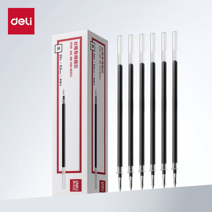 【得力S758】得力(deli)(deli)拔帽中性笔替芯 台笔专用笔芯0.5mm弹簧头 黑色20支/盒S758高考考试【行情 报价 价格 ...