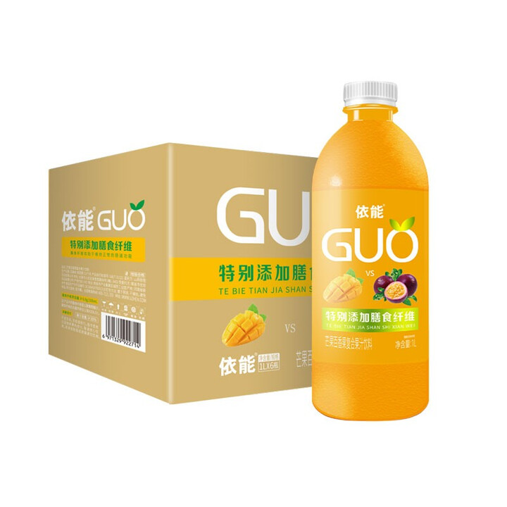 【依能芒果+百香果复合味果汁饮料 果茶 1L*6瓶】依能GUO果汁 芒果+百香果复合味果汁饮料 果茶 1L*6瓶 整箱装(特别添加膳食纤维 ...