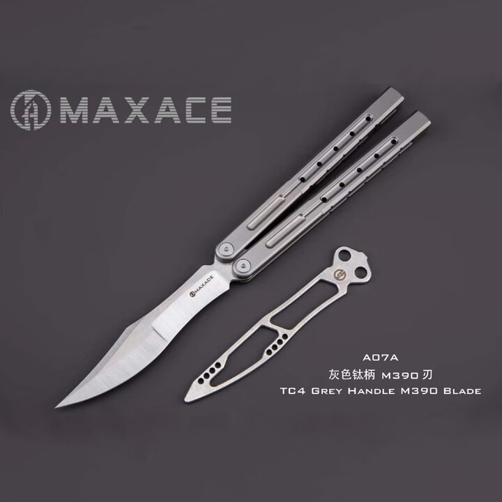 MAXACE幽灵2代一体柄蝴蝶甩花式练习户外EDC 喷砂钛柄+M390刃+练习刃