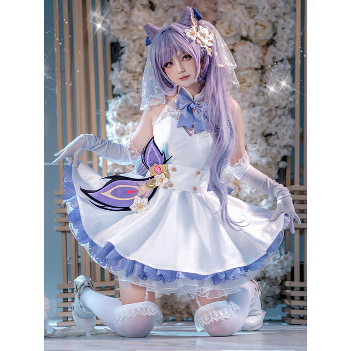 玩家小将刻情晴花嫁cos服全套周边 原元神甘雨 申鹤 动漫服装女cosplay 刻情晴花嫁服装+假发(无角)+米白鞋 M【图片 价格 品牌 ...