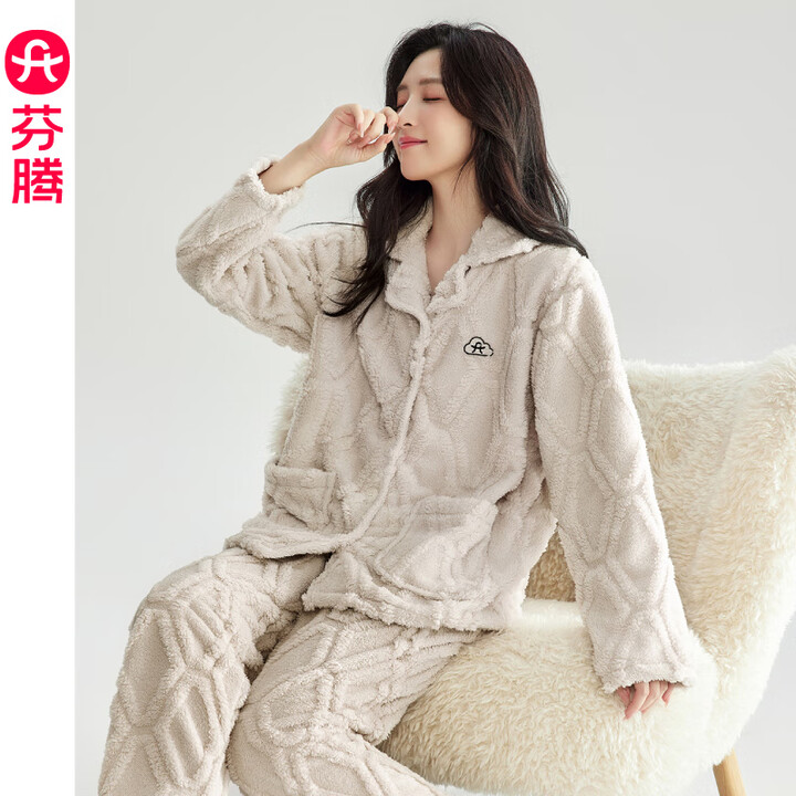 芬腾女士睡衣秋冬加绒加厚开衫珊瑚绒休闲加大码保暖家居服套装冬...