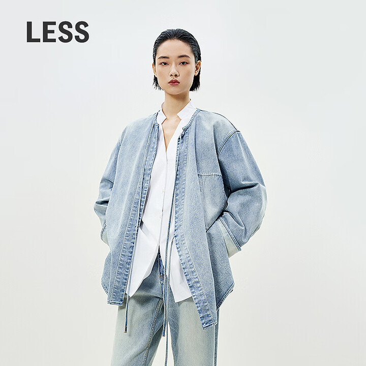 LESS春季新中式牛仔外套女重工水洗全棉无领宽松夹克2P2613570 996牛仔洗白 L【图片 价格 品牌 报价】-京东