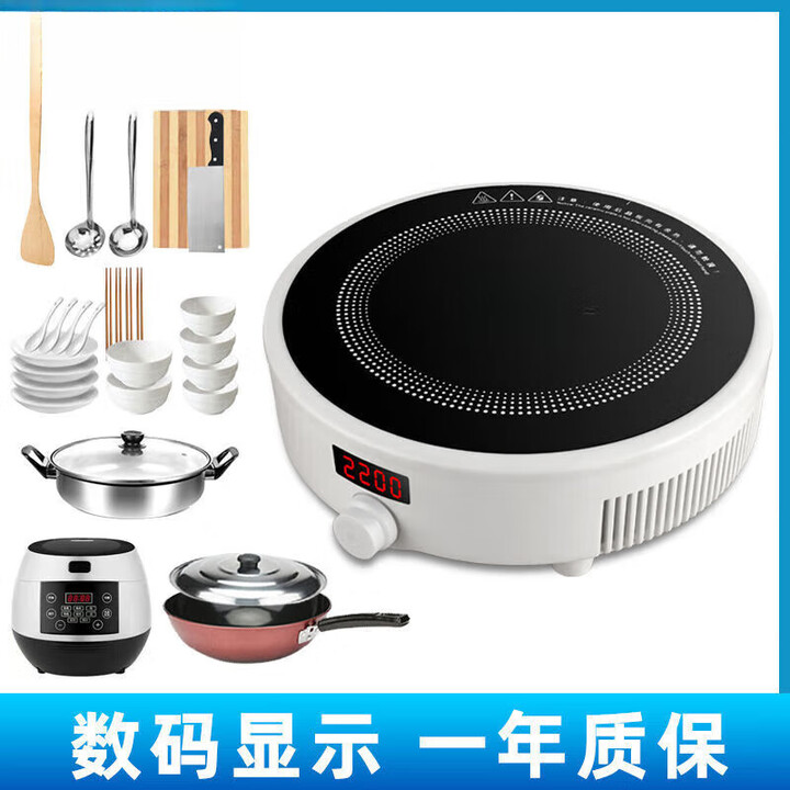 谷舰沐户外充电式电磁炉家用圆形电磁炉小型多功能省电火锅炒菜 套餐五+3升饭煲