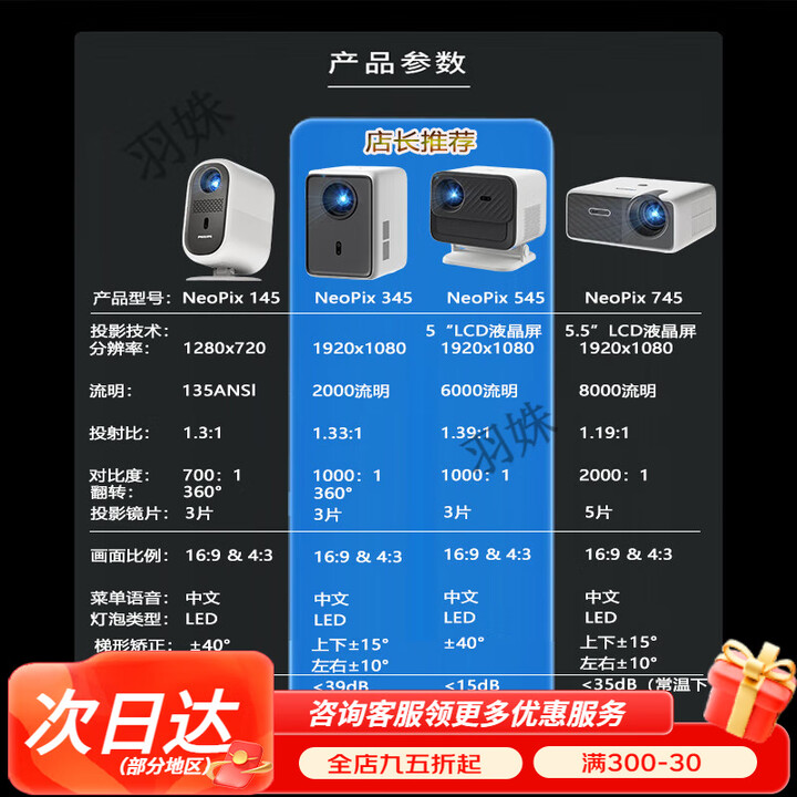 飞利浦（PHILIPS）NeoPix 545投影仪家用高清家庭影院电视办公游戏投影机（自动对焦全封闭式光机超清画 白色 官方  套餐一 NeoPix 345 下单豪华七件套