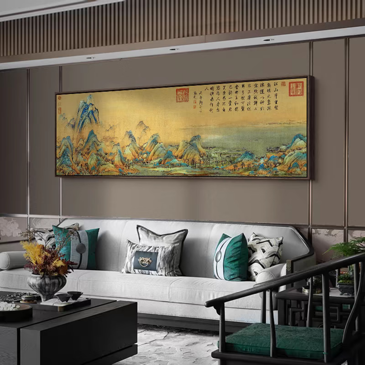 国画千里江山图挂画新中式客厅装饰画书房茶室沙发背景墙山水壁画 千里江山图 120*40cm晶瓷亮面铝合金轻奢金框【图片 价格 品牌 报价】-京东
