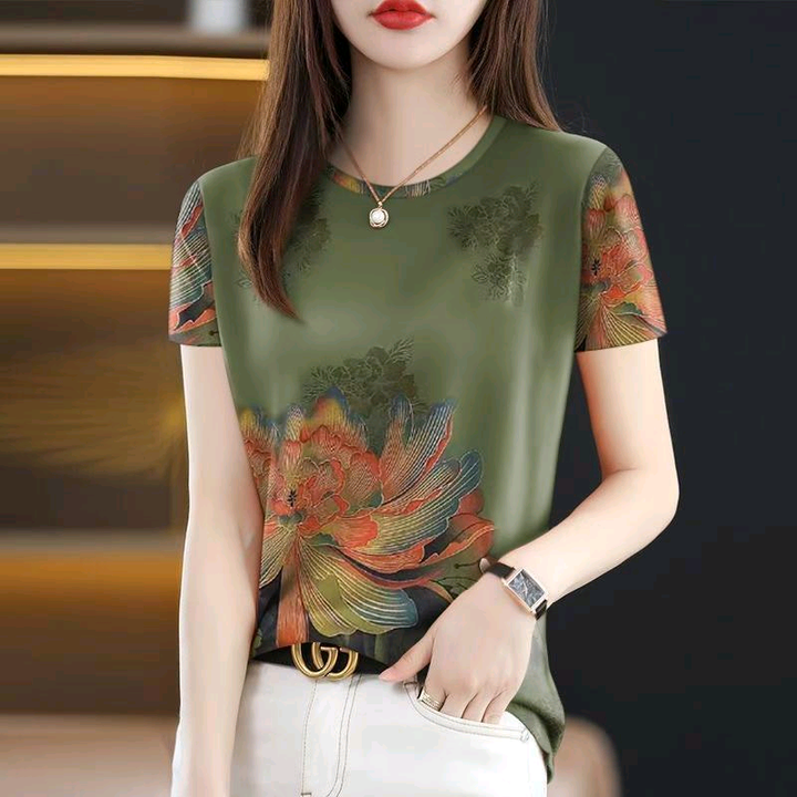 2025简约爆款短袖t恤女新款夏季时尚大码百搭印花遮肚T恤女上衣女 11款复古绿大花黄 2XL 120斤-134斤【图片 价格 品牌 报价】-京东